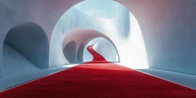 Curved red carpet pathway leads through an elegant architectural space with soft white walls photo