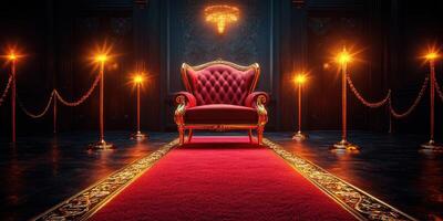 Luxurious red velvet chair illuminated by golden lights in an elegant dark room with a carpet and velvet ropes photo