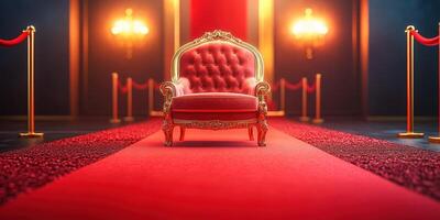 Luxurious red carpet setting with ornate golden throne and elegant lighting in a glamorous event venue photo