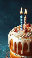Colorful birthday cake with candles and festive decorations for a joyful celebration photo