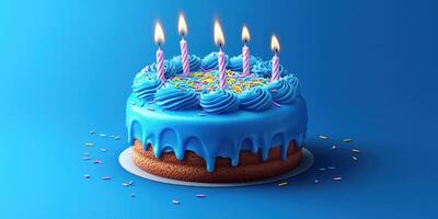 Bright blue birthday cake with candles and colorful sprinkles on a plain background photo