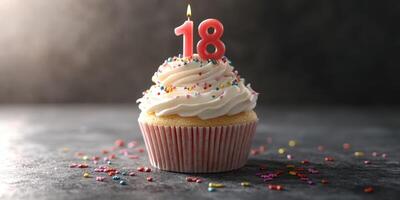 Celebratory cupcake topped with 18 candles and colorful sprinkles for a birthday party photo