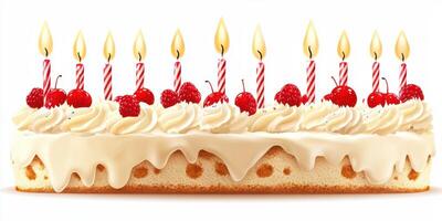 Delicious birthday cake adorned with candles and cherries on a festive table photo