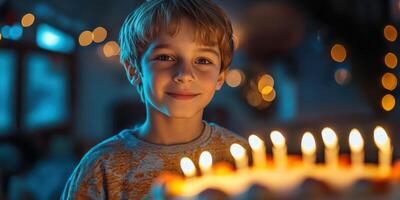 Smiling boy celebrating birthday with glowing candles and festive decorations during evening gathering photo