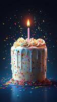 Colorful birthday cake with a single candle and confetti on a dark background photo