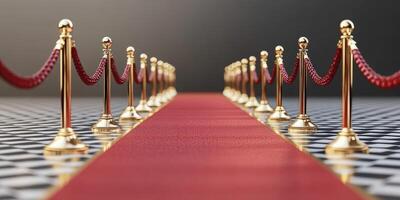 Elegant red carpet leading to a glamorous event venue with polished stanchions and ropes in a sophisticated setting photo