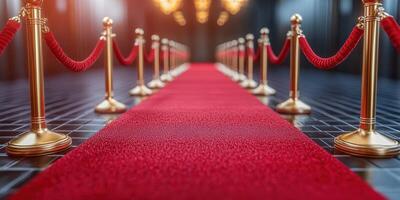 Luxurious red carpet path lined with velvet ropes in an elegant hall illuminated by chandeliers during a special event photo