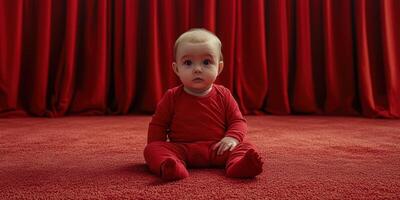 Baby dressed in red sits on plush carpet surrounded by red curtains in a cozy indoor setting photo
