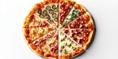 Eight slices of a delicious pizza featuring various toppings on a white background photo
