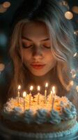Celebrating a joyful moment with a birthday cake surrounded by glowing candles and a cheerful atmosphere at dusk photo
