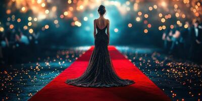Elegant woman in a shimmering gown walks down a red carpet at a glamorous event with lights twinkling in the background photo