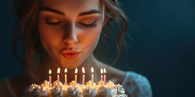 Woman celebrating birthday by blowing out candles on a cake in an intimate indoor setting during evening photo