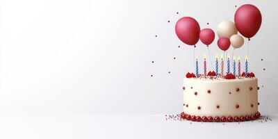 Celebration cake with balloons and candles for a festive occasion in a bright setting photo
