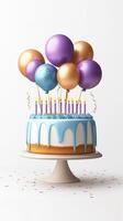 Colorful birthday cake with balloons and candles celebrating a joyful occasion photo