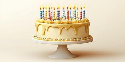 Delicious birthday cake adorned with colorful candles and sprinkles placed on a white cake stand, ready for celebration and wishes photo
