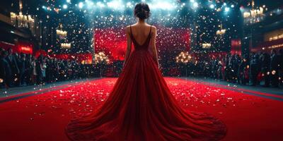 Elegant woman in stunning red gown stands before audience at glamorous event, capturing attention in a dazzling setting photo