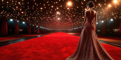 Elegant figure in stunning gown stands on red carpet under bright lights at a glamorous event in the evening photo