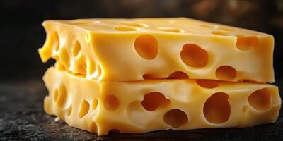 Delicious cheese blocks with holes stacked against a dark background in a rustic setting photo