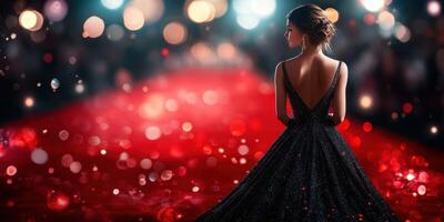 Elegant woman in sparkling black gown prepares to walk the red carpet at a glamorous event during the evening photo