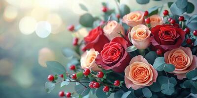 Beautiful bouquet of colorful roses and greenery displayed in soft light for a special occasion photo