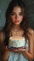 Celebrating a special occasion with a girl holding a birthday cake adorned with candles in a softly lit room photo