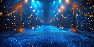 Brightly lit blue carpet walkway with golden barriers and sparkling lights for a glamorous event photo
