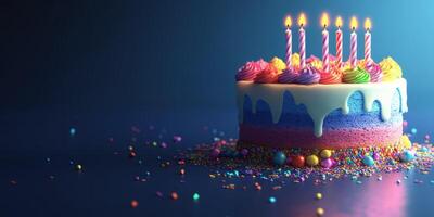 Colorful birthday cake with candles and sprinkles, perfect for celebrations and parties photo