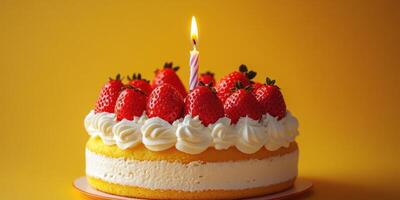 Delicious birthday cake with strawberries and a candle shining against a bright yellow background photo