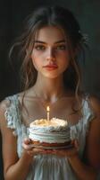 Young girl holds a beautifully decorated birthday cake with a lit candle in a cozy indoor setting during evening hours photo