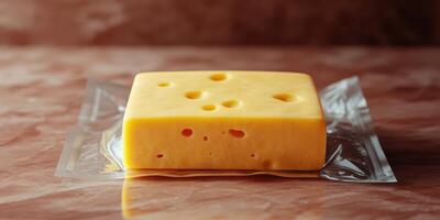 Block of yellow cheese on clear wrapper placed on a wooden surface in a kitchen setting photo