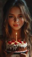 Young woman celebrating her birthday with a beautiful cake and candle in a warm, inviting setting photo