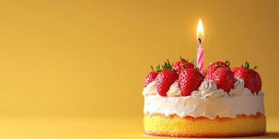 Strawberry cake with candle shining bright on a cheerful yellow background during a celebration photo