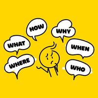 Speak english. Question who, what, how, why, for what and where. Speech bubble with ask question and doodle stick man. vector