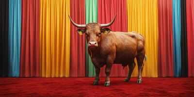 Unique brown bull stands confidently in front of colorful draped fabric backdrop in a vibrant display setting photo