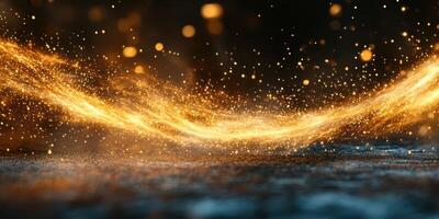 Sparkling golden waves flowing through a dark and mysterious environment at dusk photo