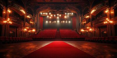 Grand theater interior with red carpet and ornate lighting captures the elegance of performing arts photo