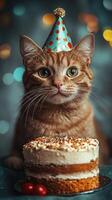 Festive orange cat celebrates birthday with party hat and decorated cake in a cheerful atmosphere photo