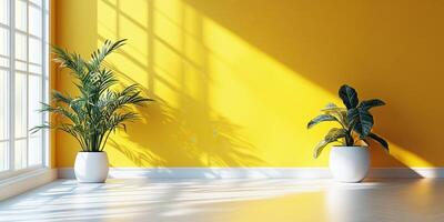 Bright indoor space with yellow walls and lush greenery creates a vibrant atmosphere during daytime photo