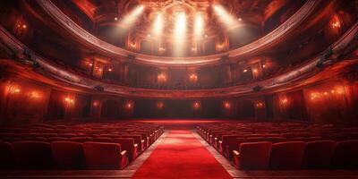 Elegant theater hall illuminated by stage lights with empty red velvet seats and red carpet walkway photo