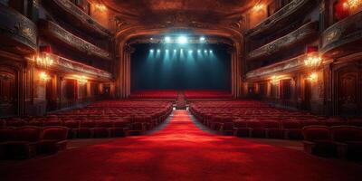 Classic theater interior with elegant architecture, rich colors, and soft lighting creating a dramatic atmosphere for performances photo