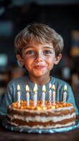 Young child celebrates birthday with a delicious cake and lit candles amidst a joyful atmosphere photo