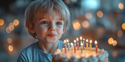 Joyful child celebrates birthday with cake and candles surrounded by soft lights in cheerful atmosphere photo