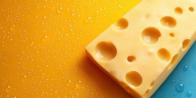 Bright yellow cheese on a colorful background with droplets of water adding freshness and appeal photo
