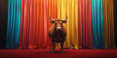 Dramatic bull stands center stage behind colorful drapes in a vibrant exhibition hall setting photo