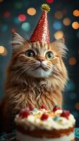 Cute orange cat wearing a party hat sits beside a decorated cake during a celebration with colorful lights in the background photo
