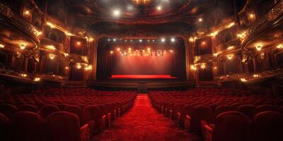 Stunning interior of an ornate theater with red seating and bright stage lighting before a performance photo