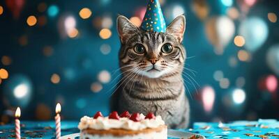 Cat celebrates birthday with cake and festive hat in a colorful party setting photo