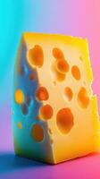 Unique cheese block illuminated by vivid colors creates an eye-catching display in a contemporary setting photo