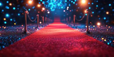 Glistening red carpet leading to an enchanting venue illuminated with colorful lights photo