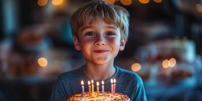 Young boy smiles brightly while holding a birthday cake with candles at a celebration venue during evening party hours photo